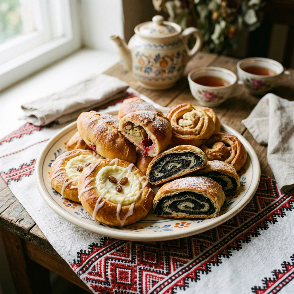 Plate with assorted Eastern European pastries including rolls with poppy seed, cheese, and fruit fillings next to a teapot and cups of tea.