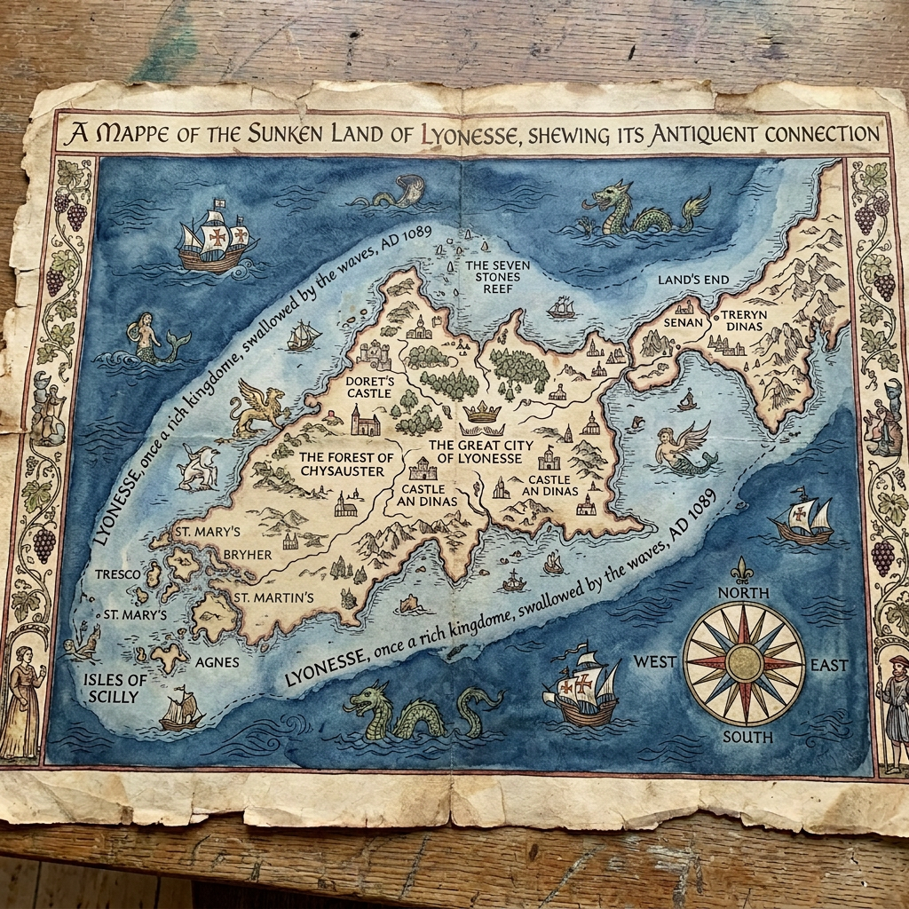 Map text: A Mappe of the Sunken Land of Lyonesse, shewing its antique connexion; Lyonesse, once a rich kingdome, swallowed by the waves, AD 1089; The Seven Stones Reef; Land’s End; Senan; Treryn Dinas; Doret’s Castle; The Forest of Chyustaer; The Great City of Lyonesse; Castle An Dinas; St. Mary’s; Bryher; Tresco; St. Martin’s; Agnes; Isles Scilly; North; West; East; South.
